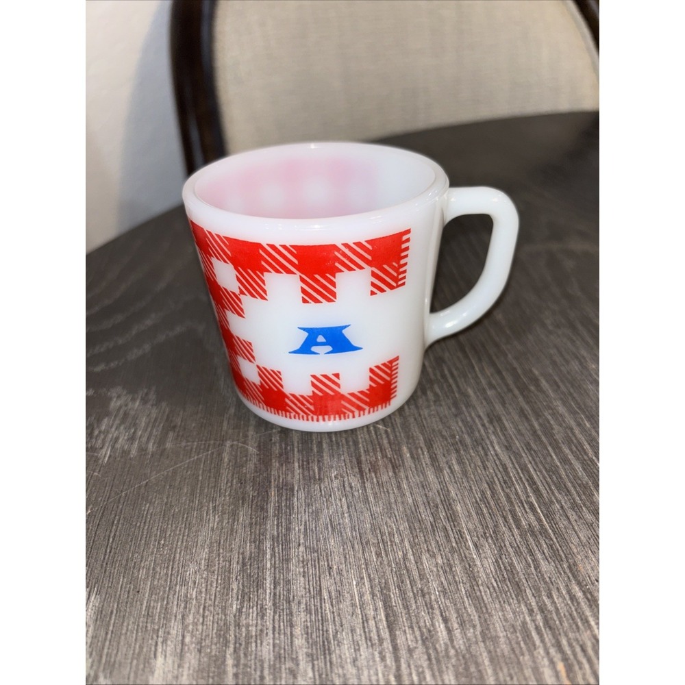 Vintage Westfield Milk Glass White Red Gingham "A" Mug